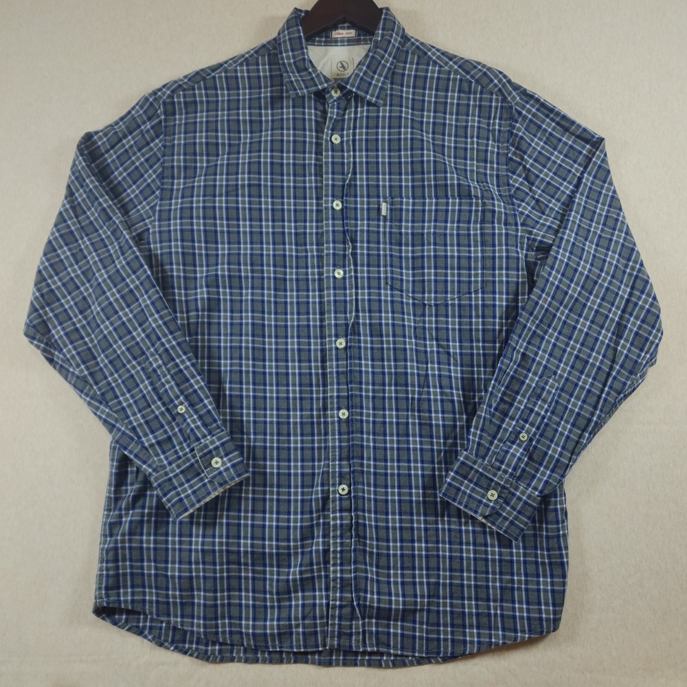 Aigle Plaid Flannel Button Down Shirt Size L Cotton Gorpcore Workwear Blue Grey